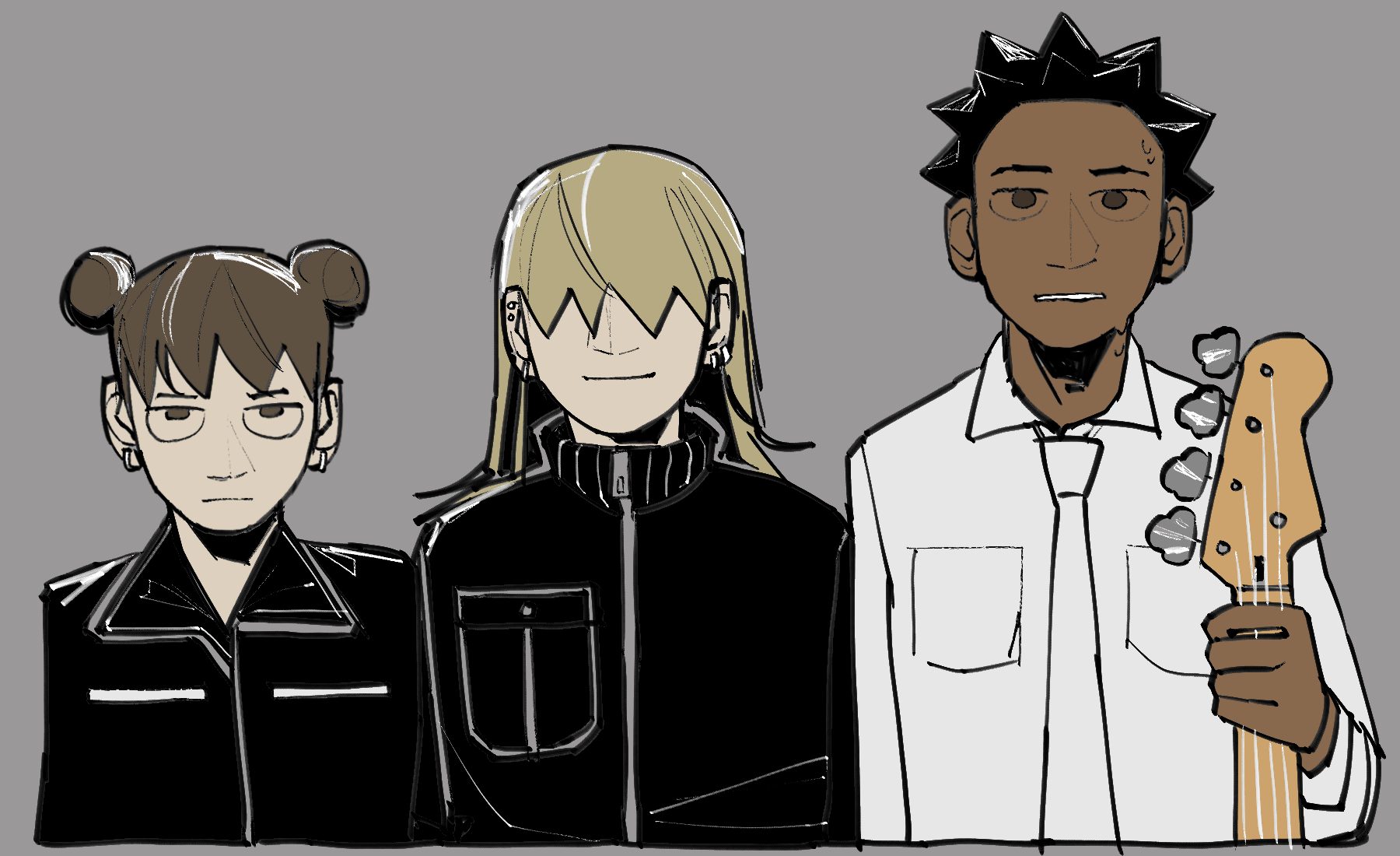 halfbody sketch of the 3 members of the band ivan standing side by side for a photo. alistair is holding
	  up his bass by it's neck.
